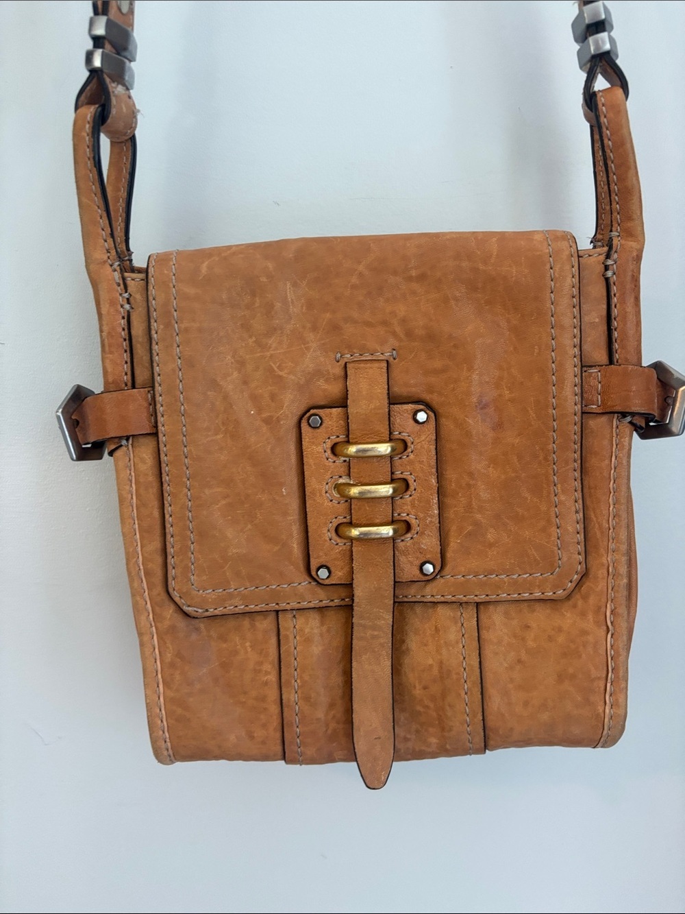 orYANY Tan Leather Crossbody with Brass Accent